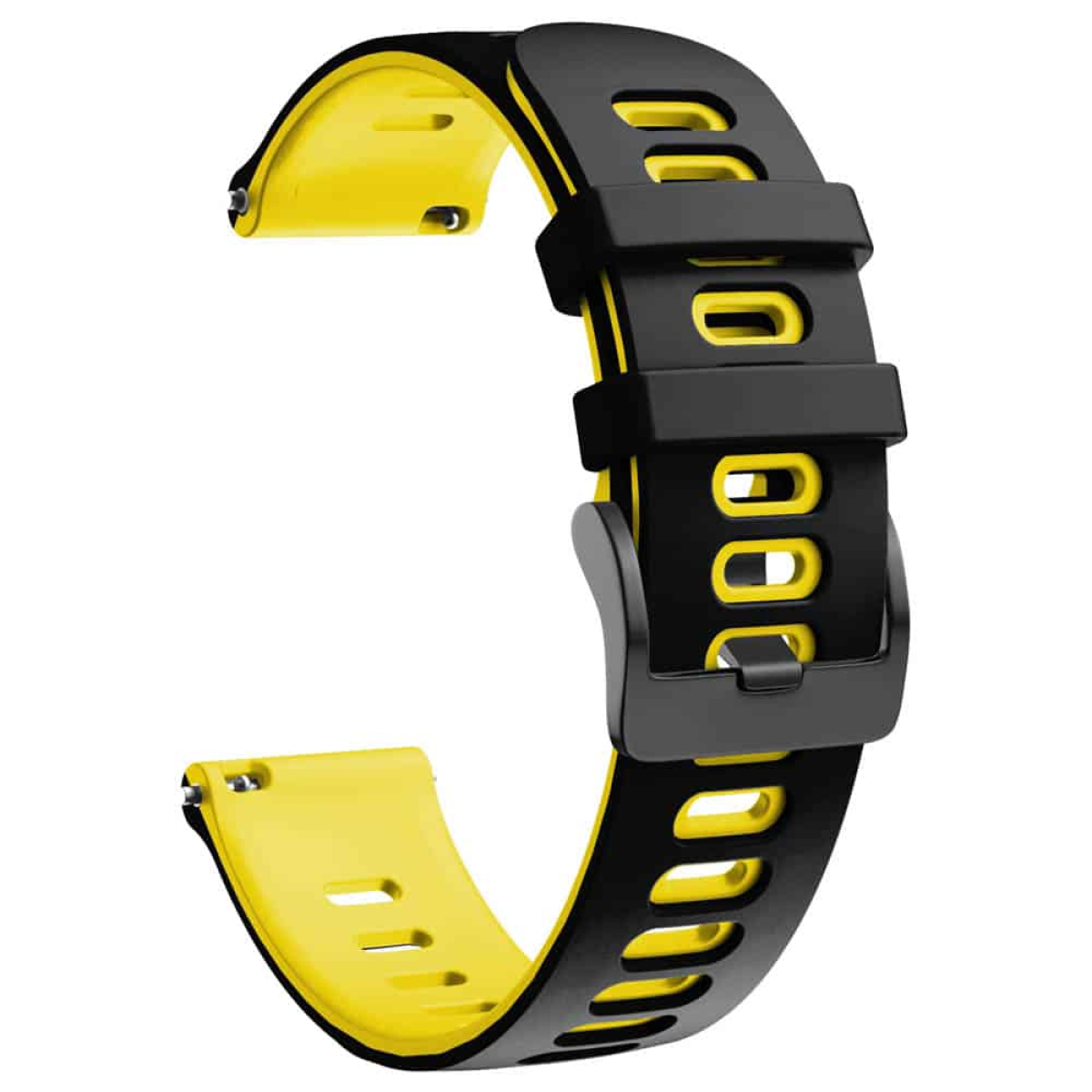 Schwarzes und gelbes Uhrenarmband mit Verschluss.