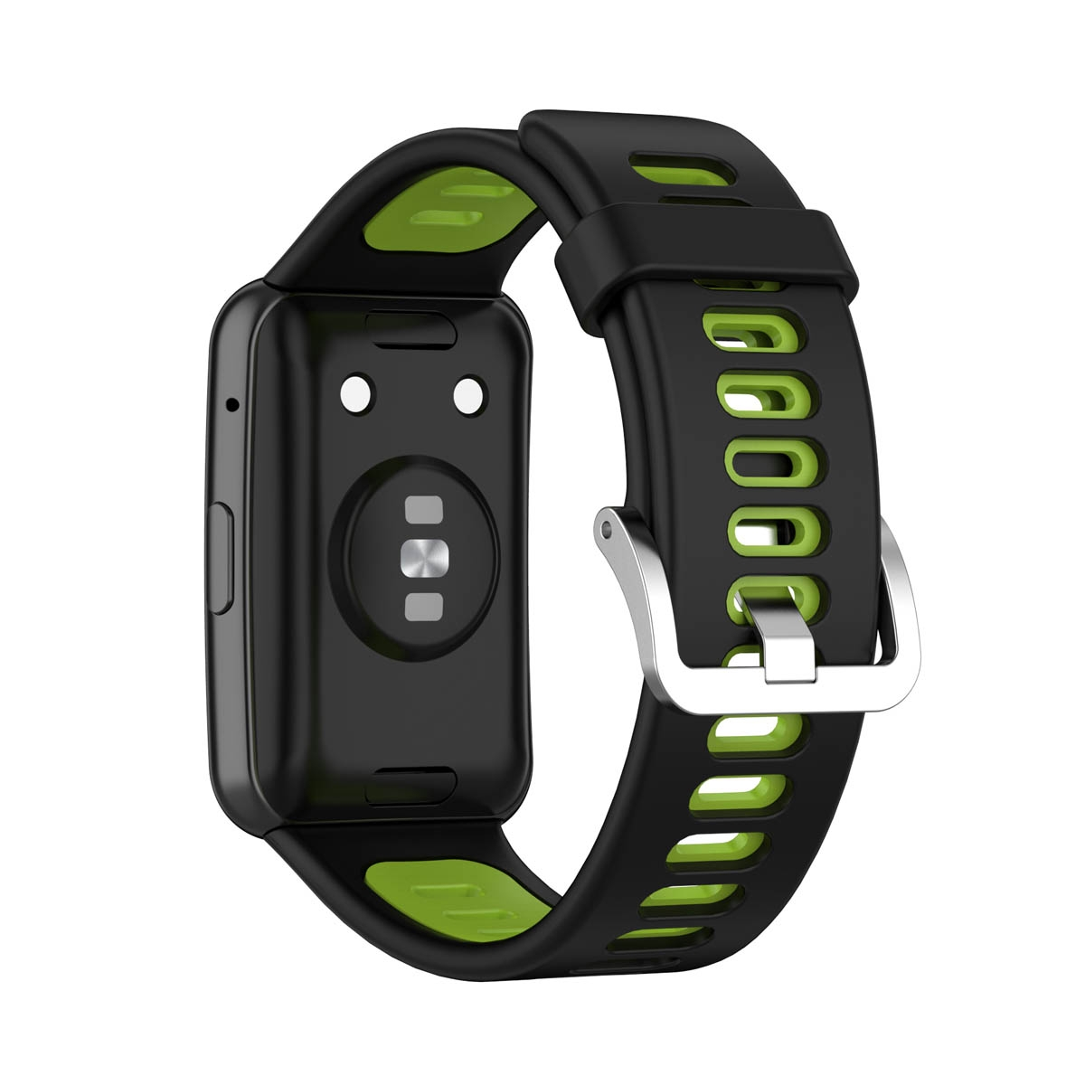 Schwarz-grünes Smartwatch-Armband mit Schnalle und sensorbestückter Rückseite.