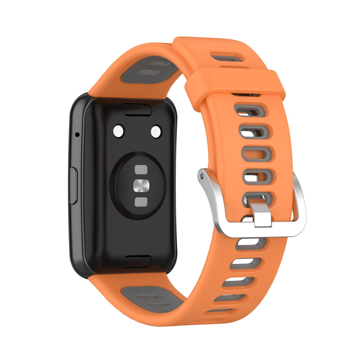Smartwatch mit orangefarbenem Armband und schwarzem Zifferblatt. Metallschnalle. Die Rückseite der Uhr ist sichtbar.