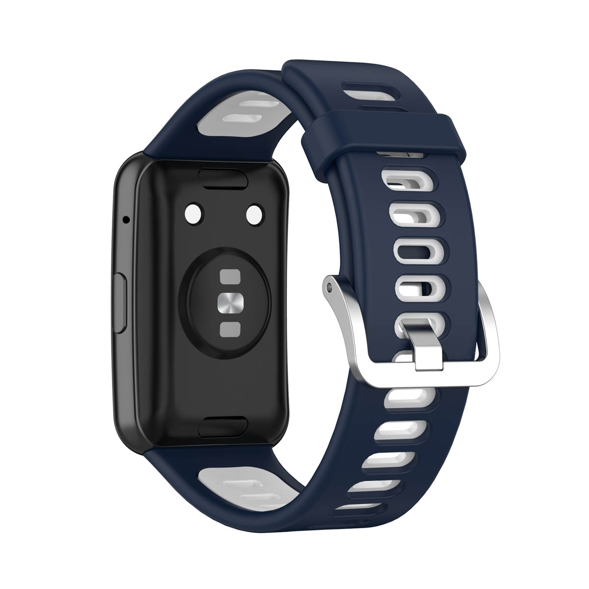 Schwarze Smartwatch mit blauem Armband. Sie hat eine silberne Schnalle.