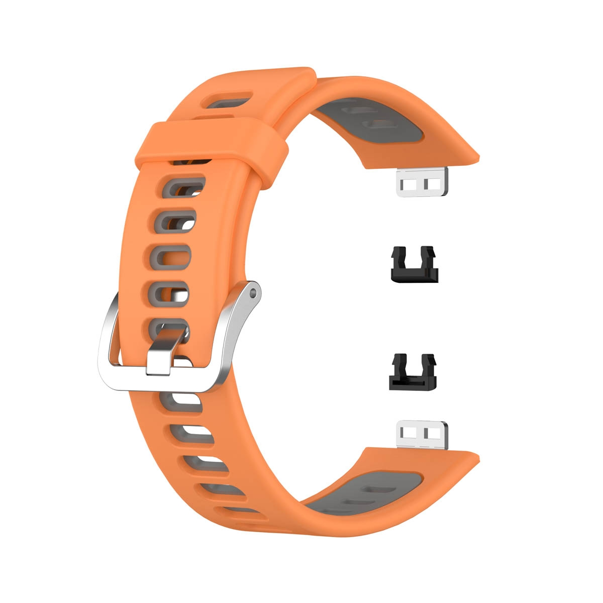 Orangenes Uhrenarmband mit grauen Akzenten und Clips auf weißem Hintergrund.