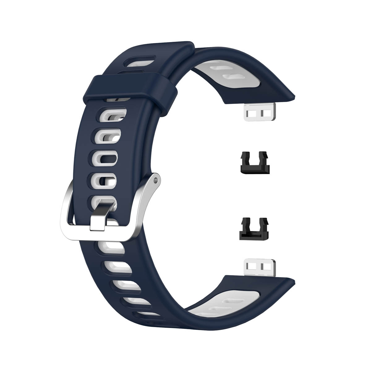Ein blaues und weißes Uhrenarmband mit zwei schwarzen Schnallen.