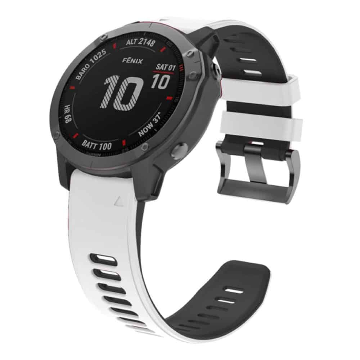 Eine schwarz-weiße Smartwatch mit weißem Armband. Die Uhr zeigt Datum und Uhrzeit an.