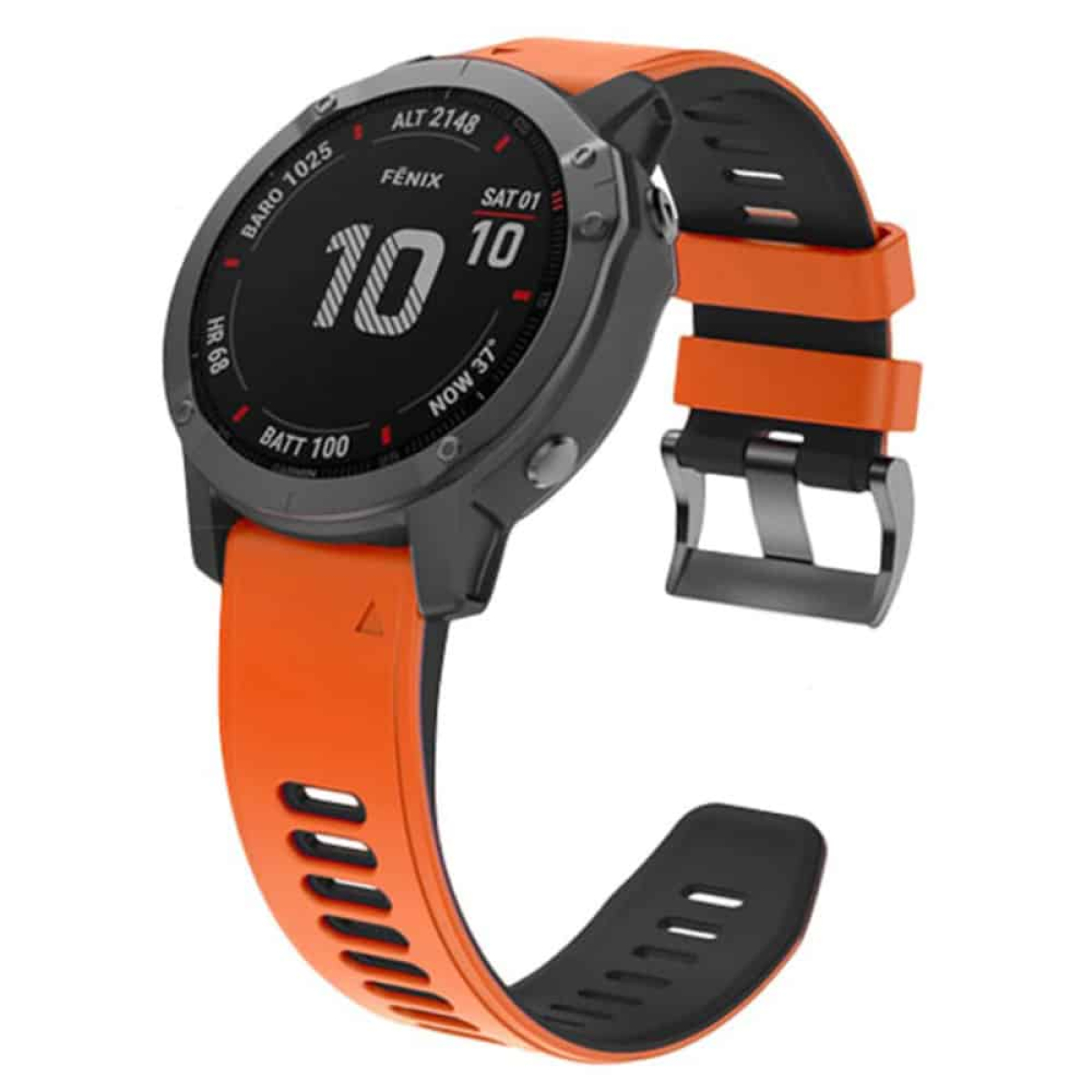 Orange Smartwatch mit schwarzen Details. Es hat ein schwarzes Gehäuse und ein orangefarbenes Armband.