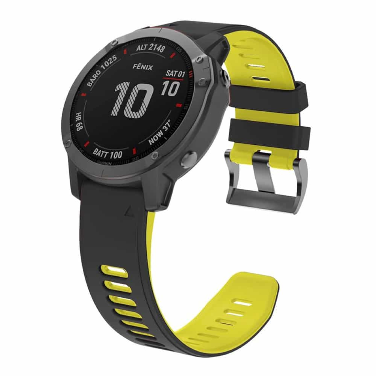 Eine schwarze Smartwatch mit einem schwarz-gelben Armband, die die Uhrzeit anzeigt.