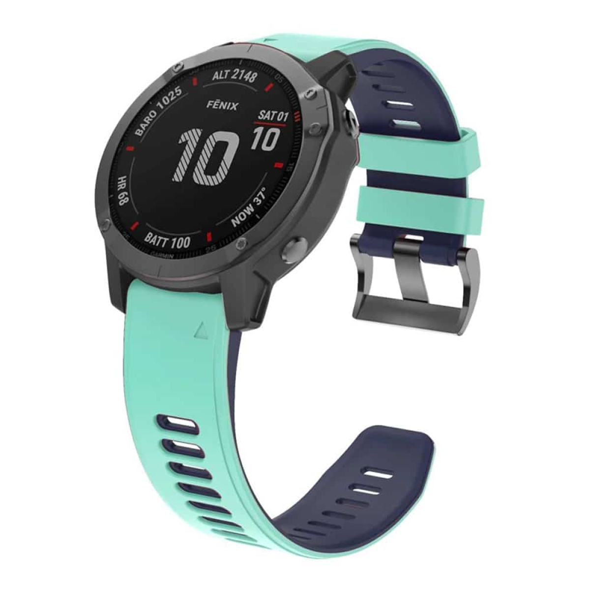Smartwatch mit schwarzem Gehäuse, türkisfarbenem Armband und digitaler Anzeige mit Zeit und Statistiken.