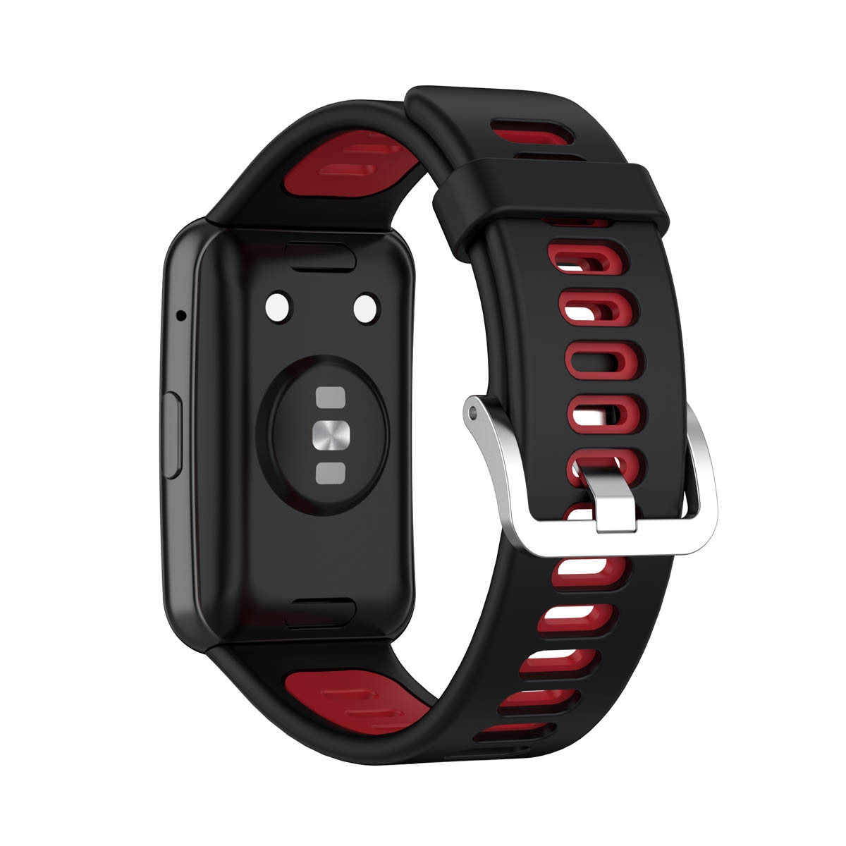 Schwarze und rote Smartwatch. Die Rückseite zeigt Sensoren. Rote Akzente am Armband.