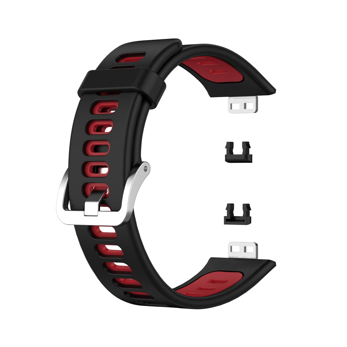 Schwarz-rotes Uhrenarmband mit silberner Schnalle und Befestigungsclips.
