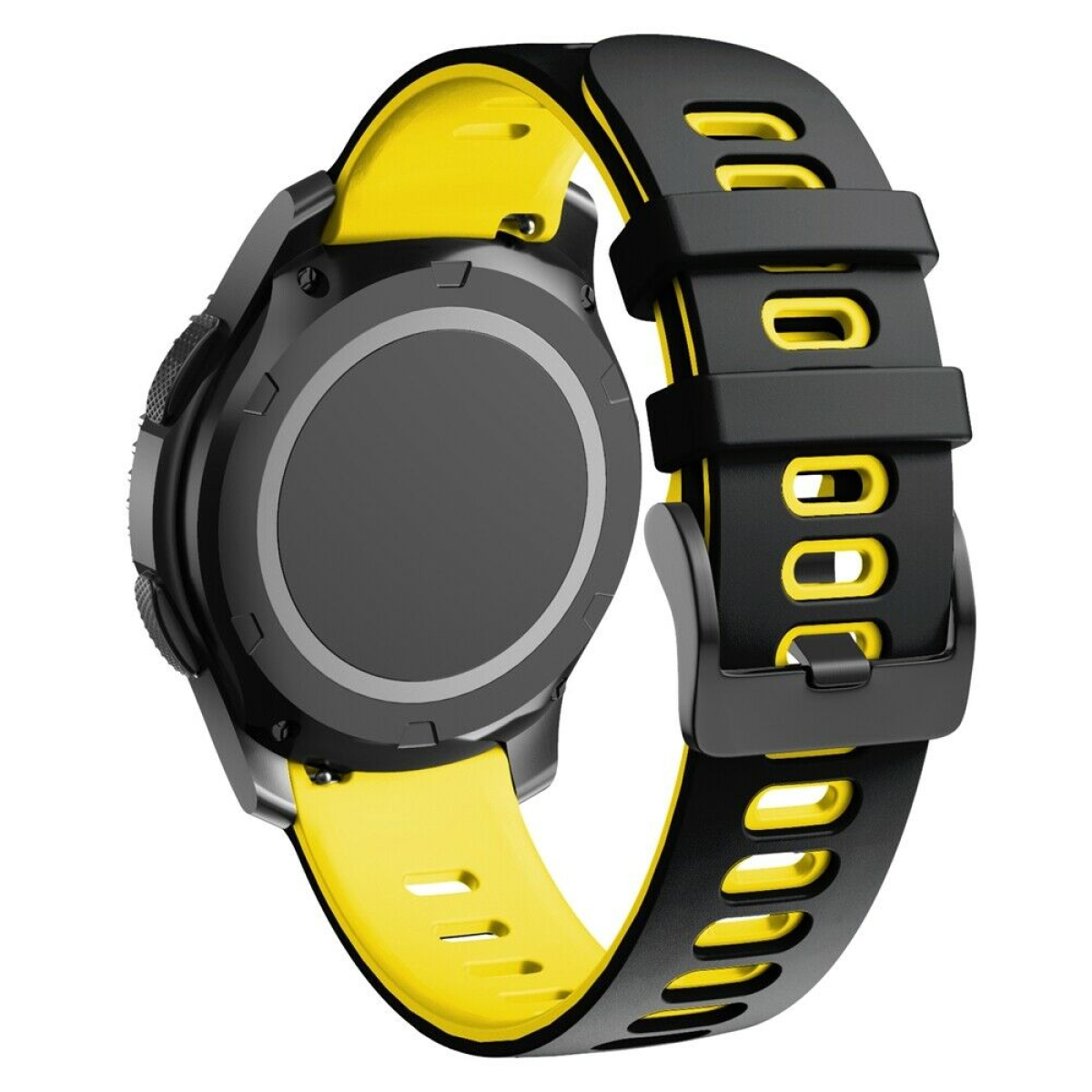 Schwarze Smartwatch mit gelbem Armband, vor weißem Hintergrund, mit schwarzer Schnalle.