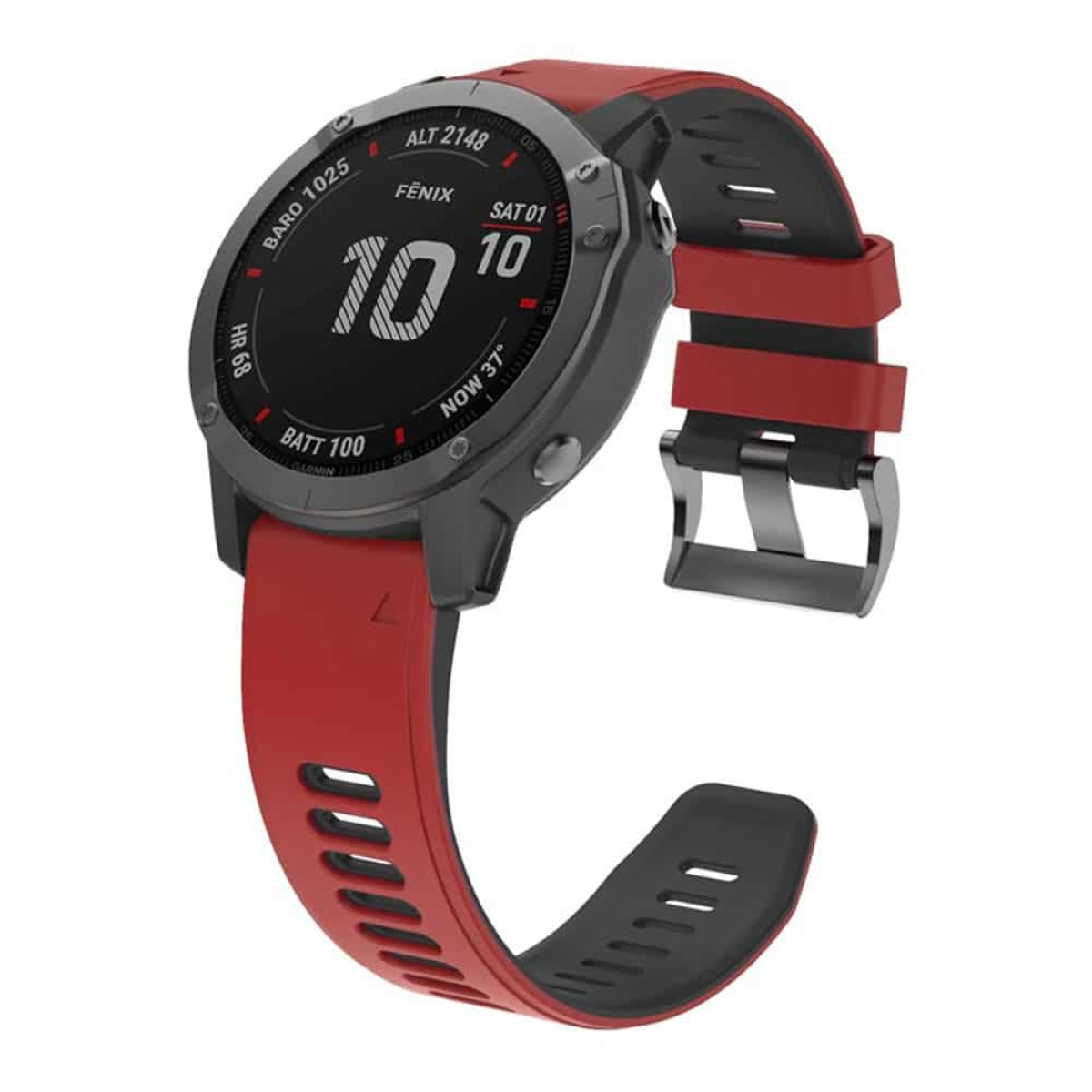 Schwarze und rote Smartwatch mit rotem Armband. Die Uhr zeigt Zeit und Daten an. Weißer Hintergrund.