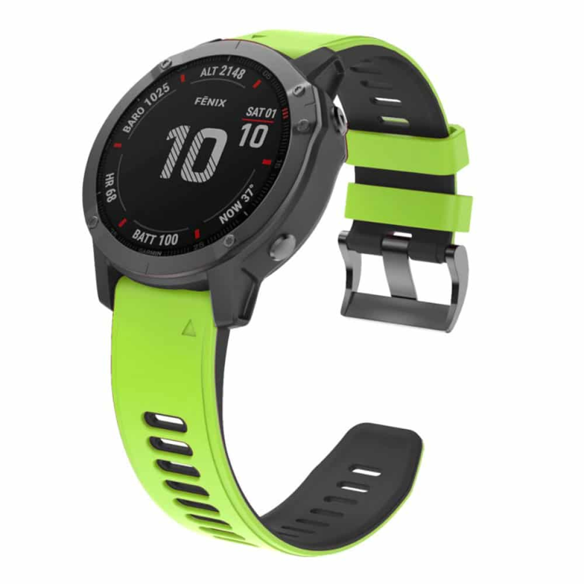 Eine schwarz-grüne Smartwatch, deren Zifferblatt Informationen anzeigt.