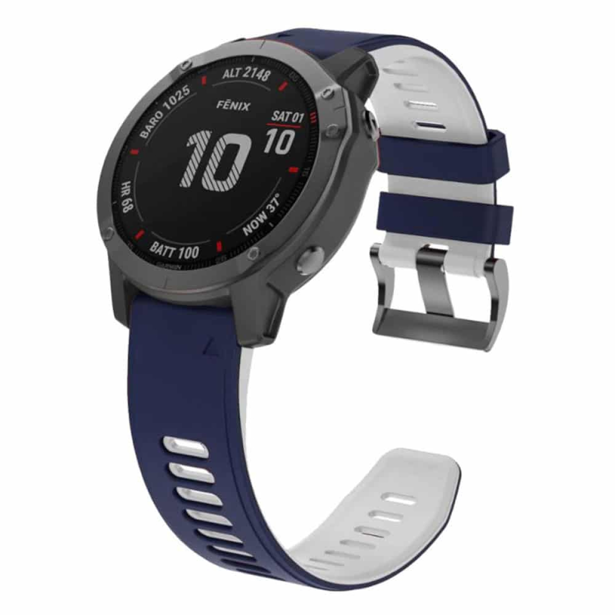 Eine Smartwatch mit blau-weißem Armband. Sie zeigt Zahlen und ein Datum an.