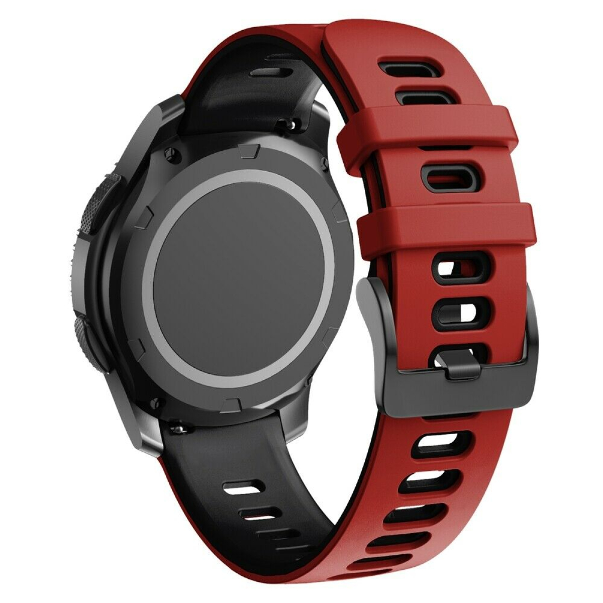 Eine Uhr mit rotem und schwarzem Armband, schwarzem Zifferblatt und schwarzem Verschluss.