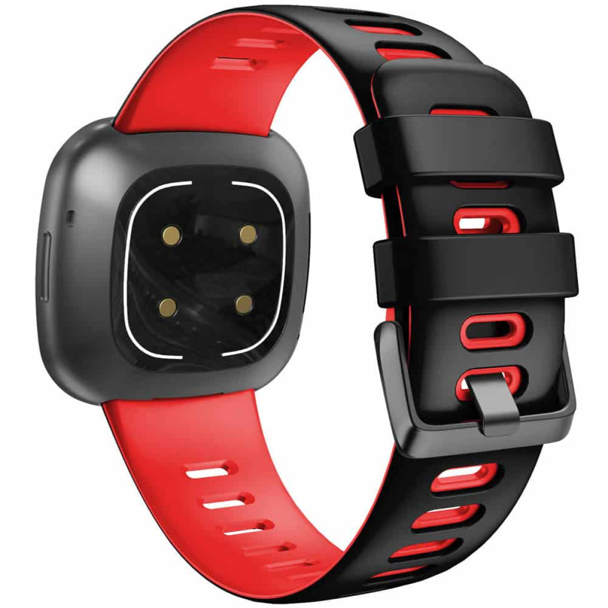Schwarze Smartwatch mit rotem Armband. Die Uhr hat eine Schnalle und einen Sensor auf der Rückseite.