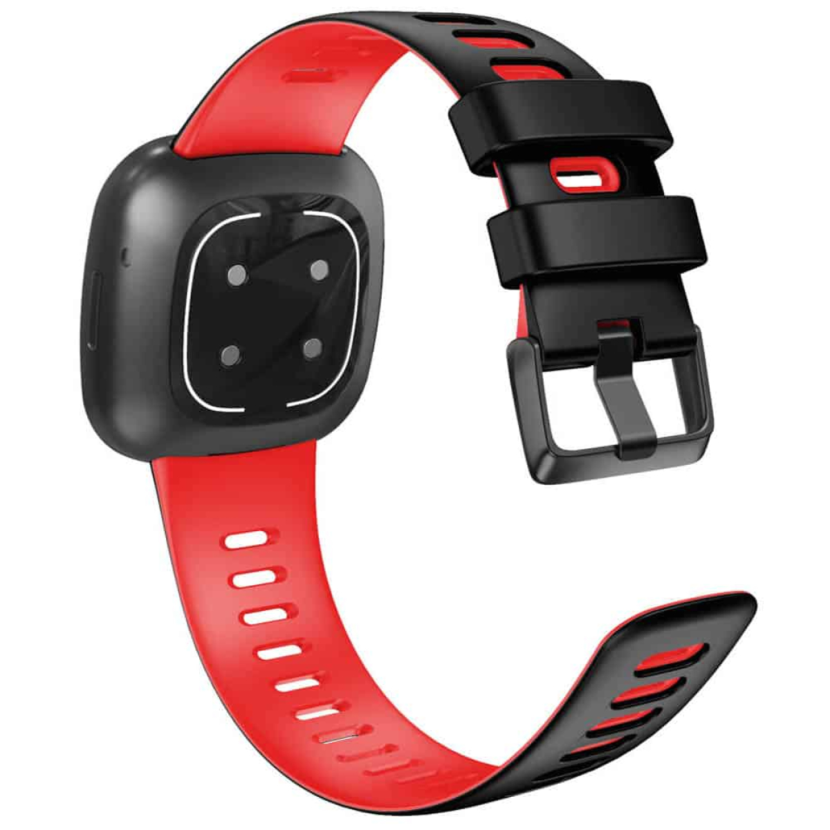 Ein Smartwatch-Armband, rot und schwarz. Es ist eine Nahaufnahme eines Smartwatch-Armbands.