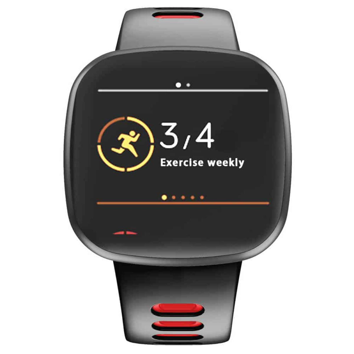 Eine schwarze Smartwatch zeigt das wöchentliche Trainingsziel an: 3,4. Die Uhr hat rote Akzente und ein schwarzes Armband.