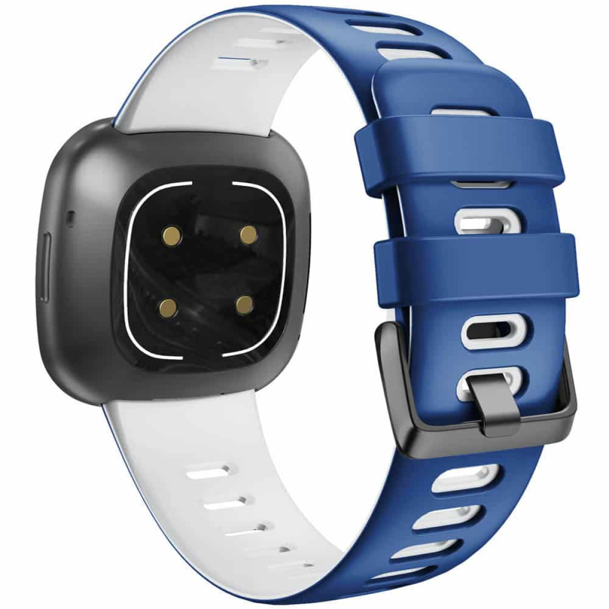 Eine Smartwatch mit blauem Armband und schwarzem Gehäuse, auf weißem Hintergrund.