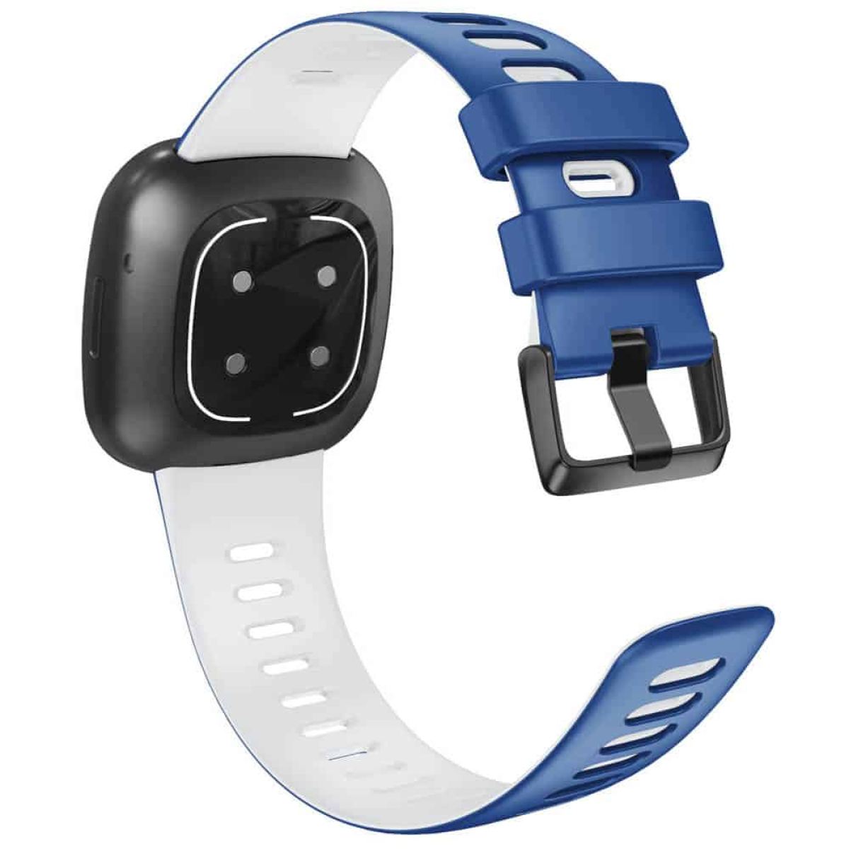 Smartwatch mit quadratischem schwarzem Zifferblatt, blauem und weißem Armband.