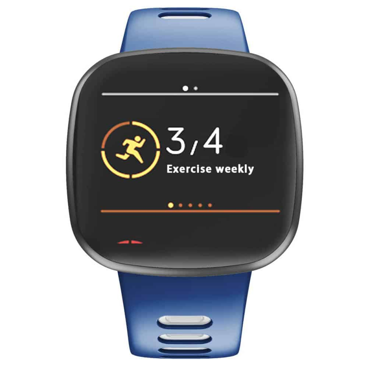 Eine Smartwatch an einem blauen Armband, die Trainingsinformationen anzeigt.