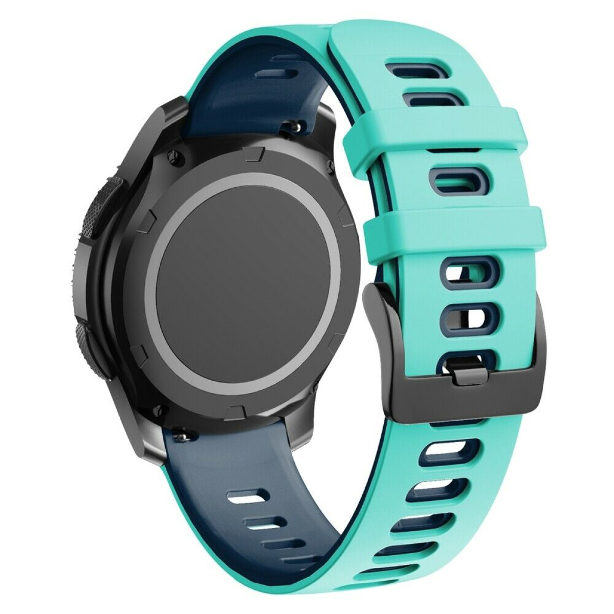 Eine schwarze Smartwatch mit einem türkisblauen Armband wird gezeigt. Das Band ist türkisblau und grau und an der Uhr befestigt.