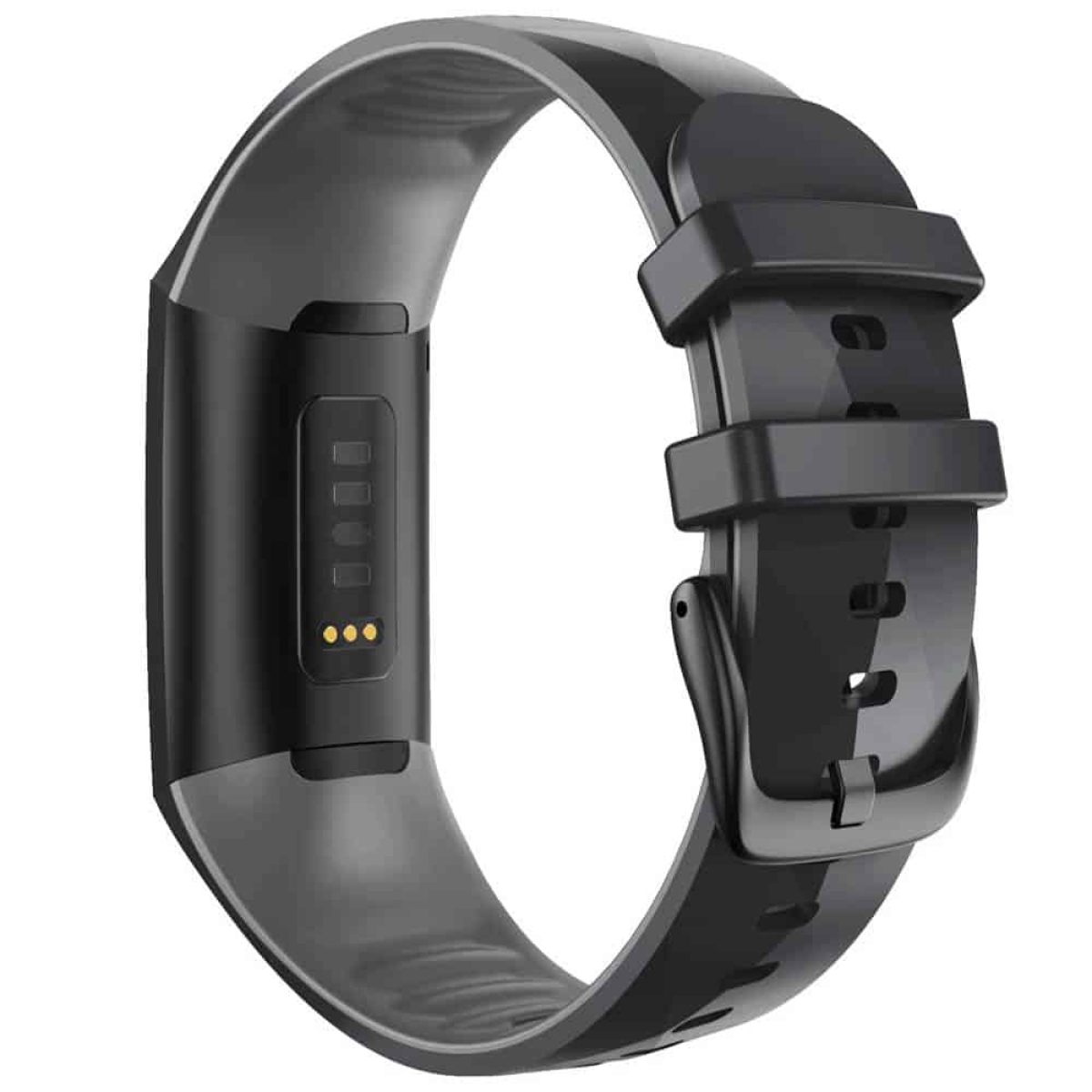 Eine schwarz-graue Smartwatch wird von oben mit der geschnallten Armband gezeigt.