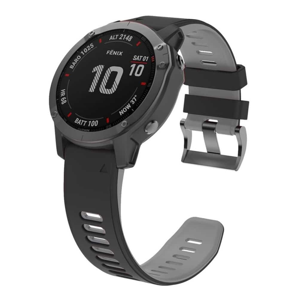 Schwarze Uhr mit grauem Armband. Die Uhr zeigt die Zeit und verschiedene Messwerte an.