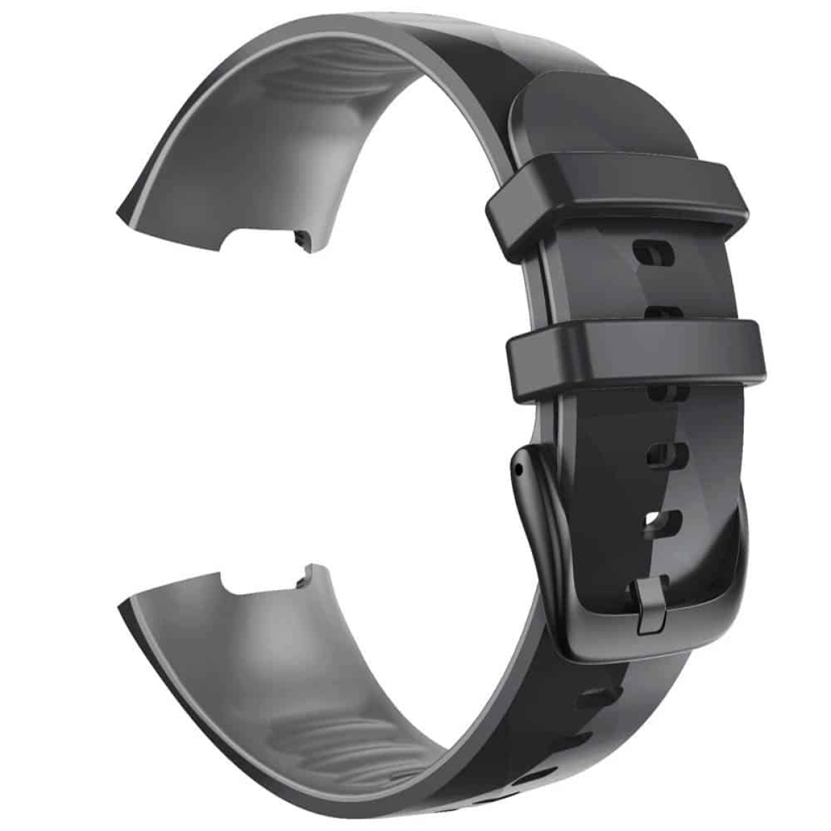 Schwarzes Uhrenarmband mit Schnalle, geschwungenes Design.