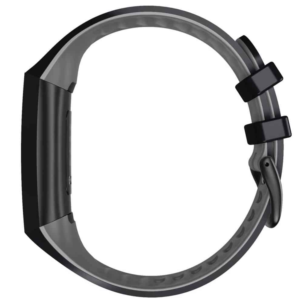 Ein schwarzer und grauer Fitness-Tracker, Seitenansicht mit gebogenem Armband und Schnalle.