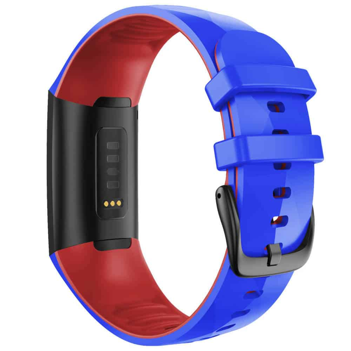 Blauer Fitnesstracker mit schwarzem Mittelteil und rotem Innenband, schwarze Schnalle.