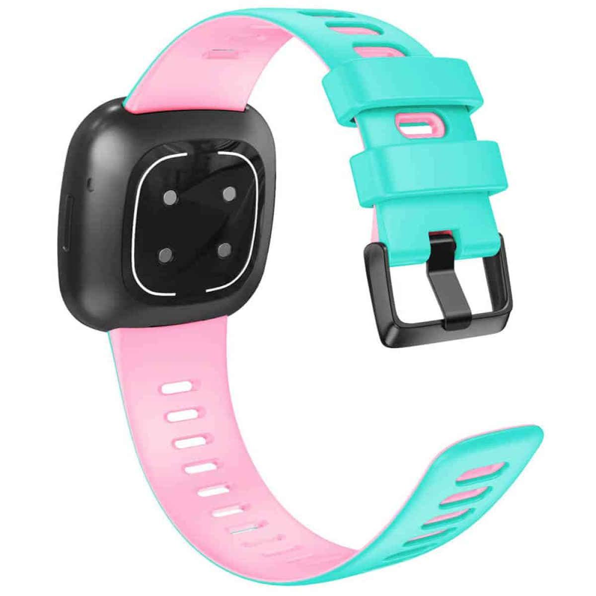 Smartwatch-Armband mit schwarzem Gehäuse, rosa und türkisfarbenen Riemen und schwarzer Schnalle.