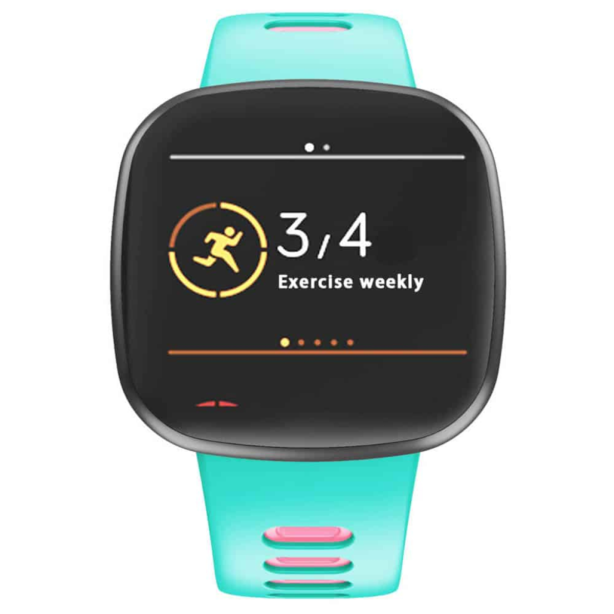 Smartwatch mit türkisfarbenem Band, schwarzer Bildschirm zeigt Trainingsstatistiken: 3/4 wöchentlich.