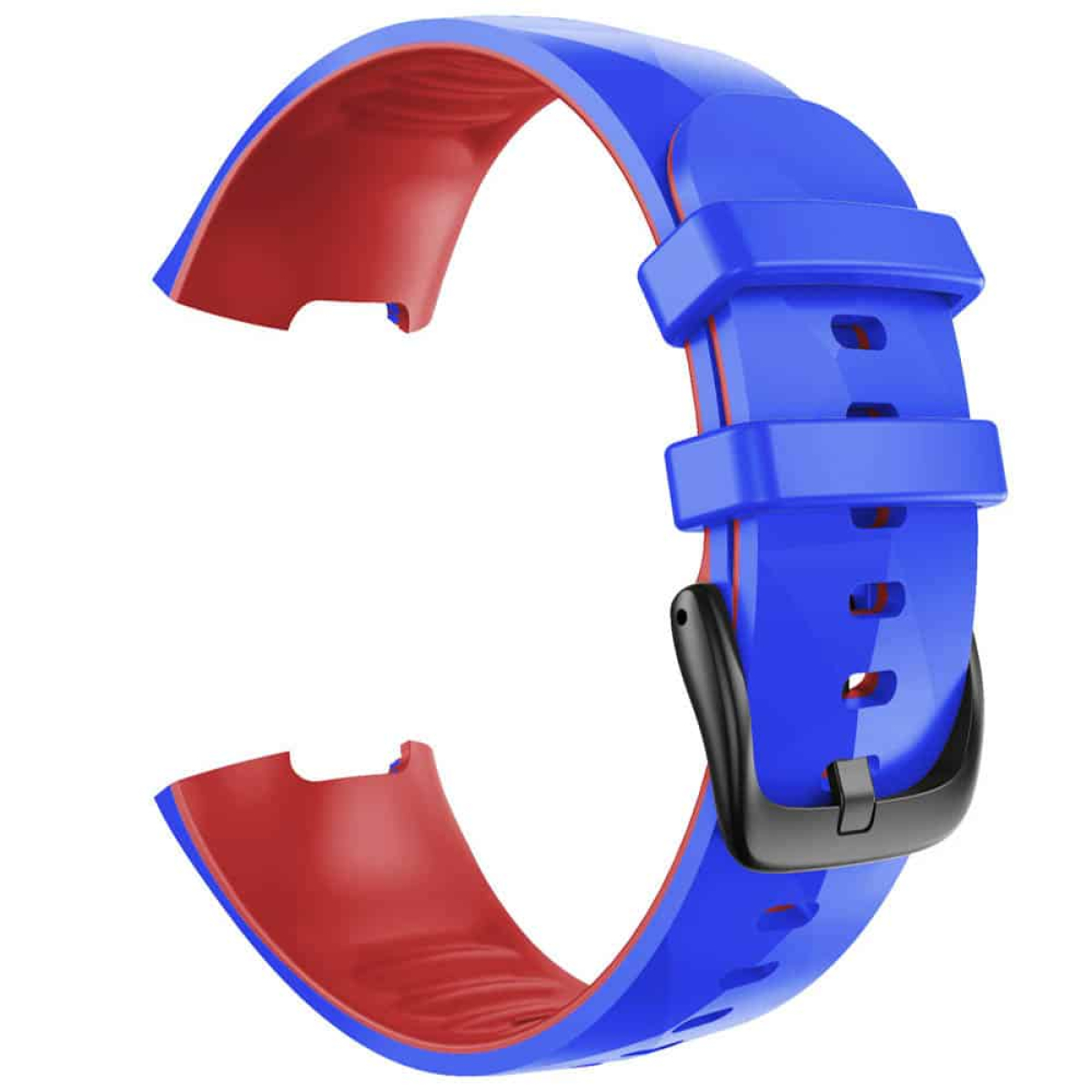 Blaues und rotes Smartwatch-Armband. Das Armband besteht aus Silikon, mit schwarzer Schnalle.