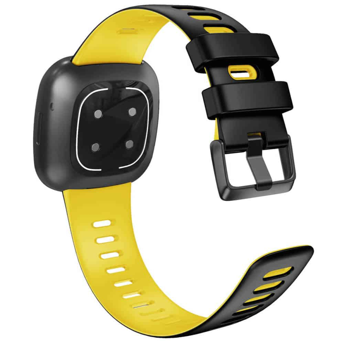 Eine schwarze Smartwatch mit gelbem Armband. Die Uhr liegt auf einer weißen Oberfläche. Die Rückseite der Uhr wird gezeigt.