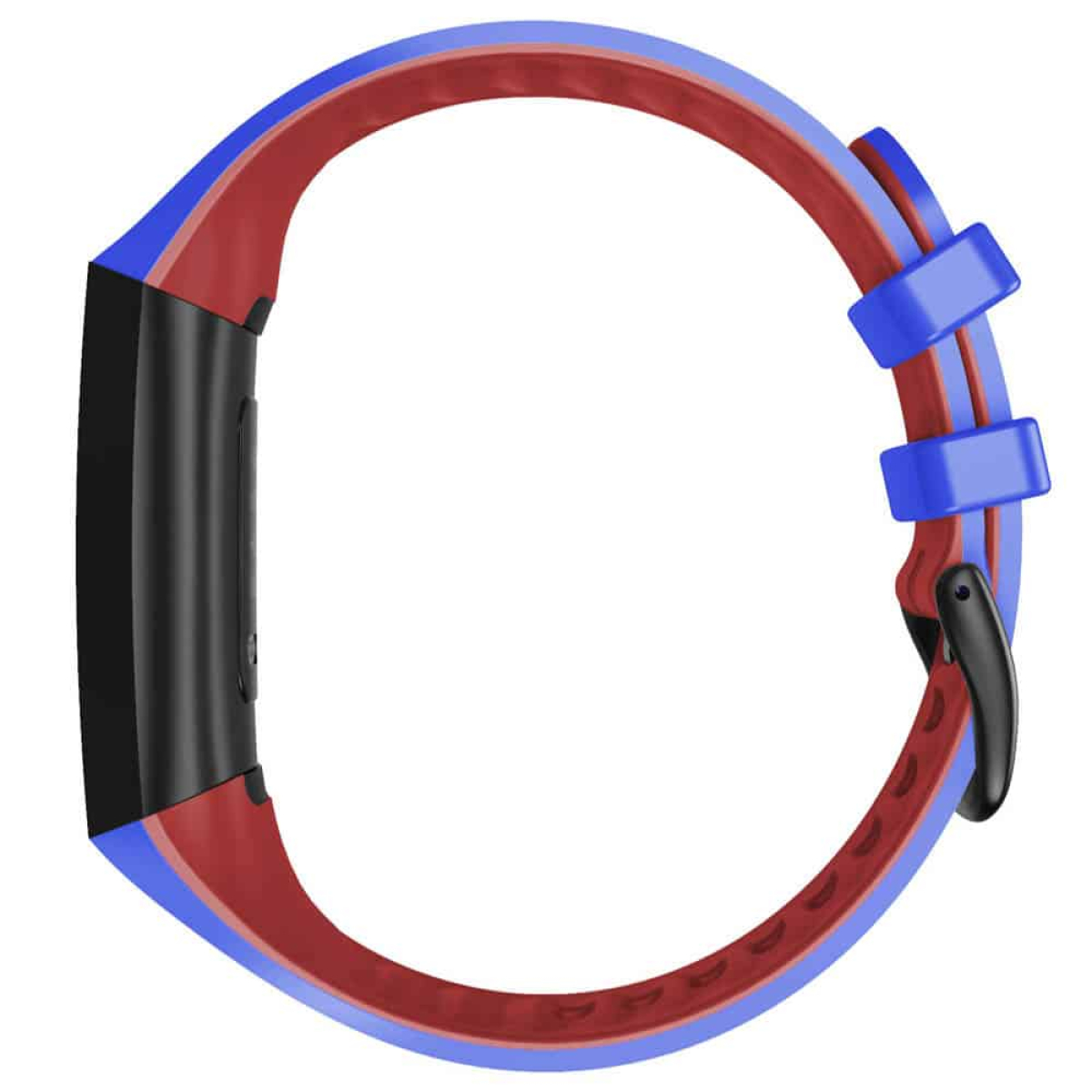 Rotes und blaues Smartwatch-Armband. Das Armband ist um sich selbst gewickelt. Schwarze Schnalle.