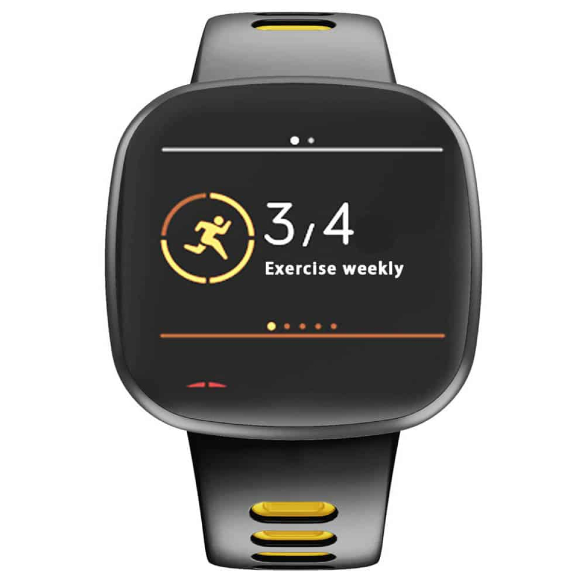 Schwarze Smartwatch mit gelbem Akzent. Bildschirm zeigt Trainingsstatistiken: 3/4 Übungen pro Woche.