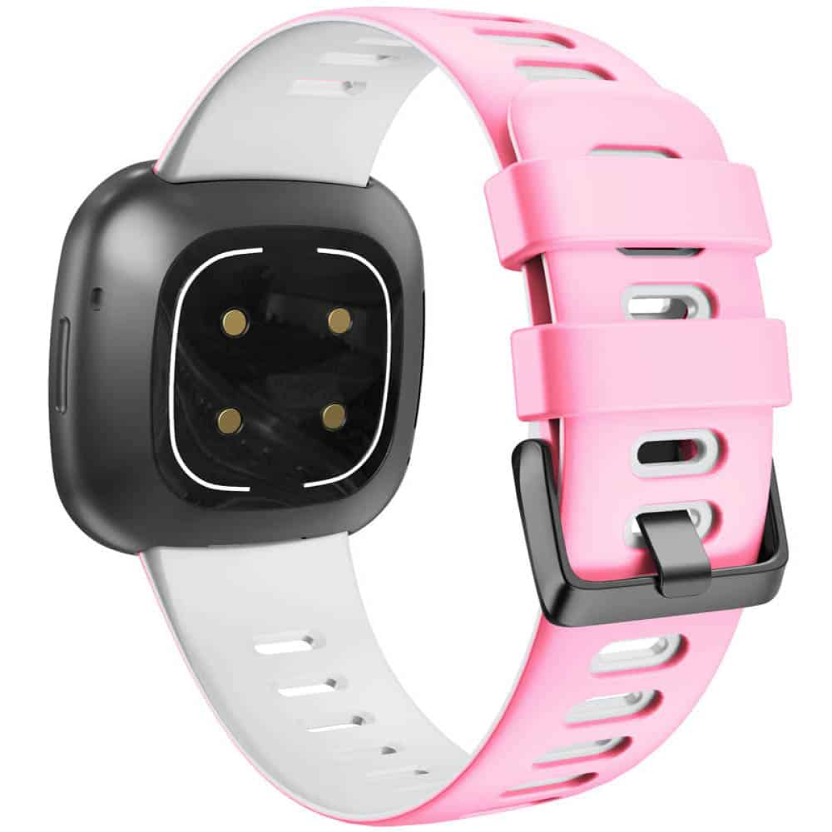 Ein pinkes und weißes Smartwatch-Armband. Eine schwarze Uhr ist am Band befestigt.
