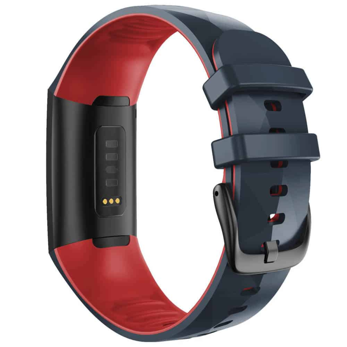 Schwarzer und roter Fitnesstracker. Das Armband ist rot. Der Tracker hat einen schwarzen Bildschirm und drei Punkte.