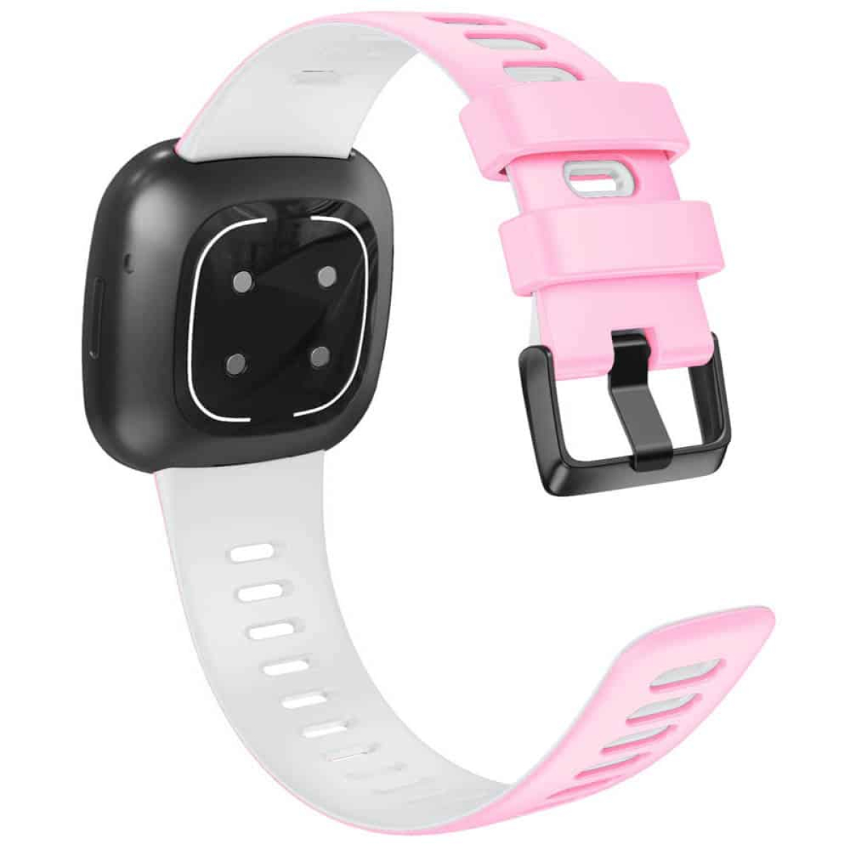 Schwarze und weiße Smartwatch mit rosa Armband.