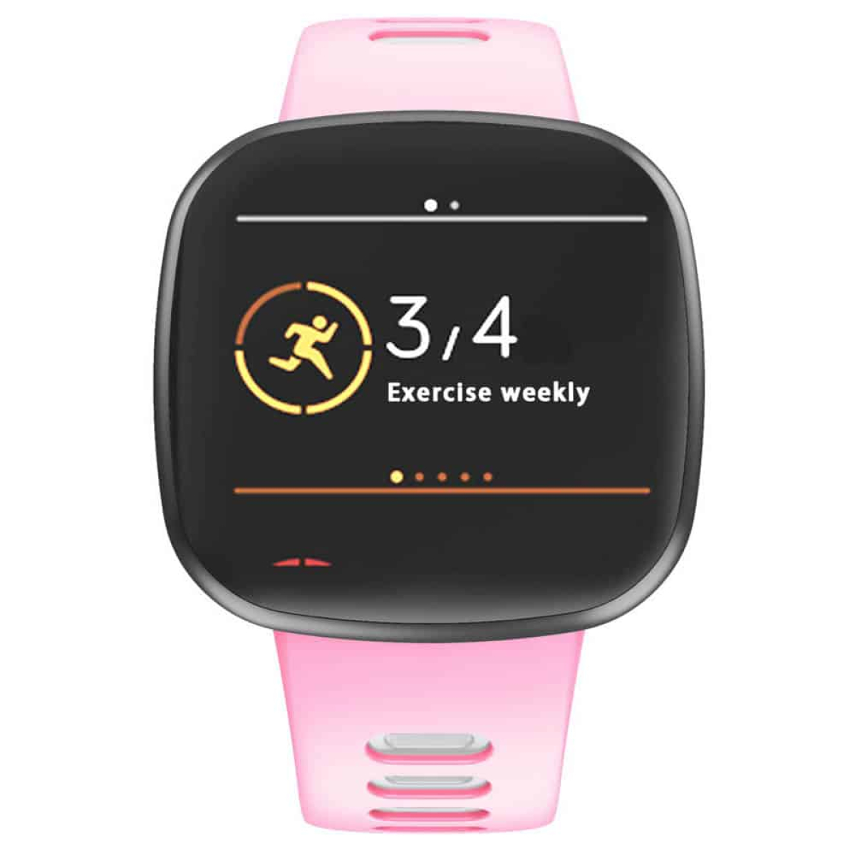 Eine rosa Smartwatch, die Trainingsdaten mit einem Symbol und dem Text "3,4 Exercise weekly" anzeigt.