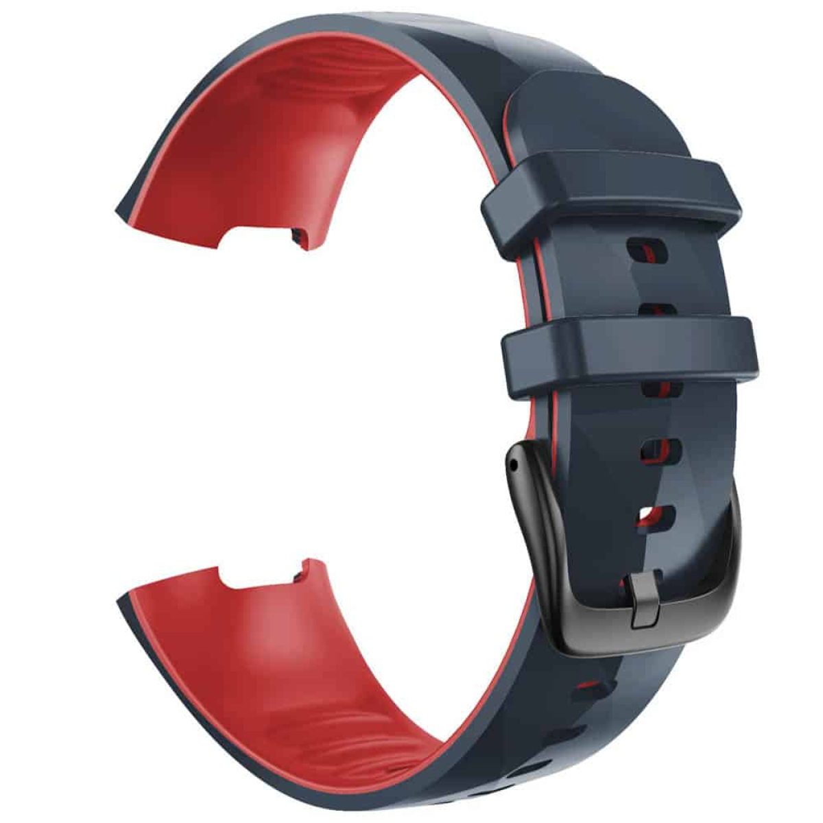 Ein marineblaues und rotes Uhrenarmband mit schwarzer Schnalle, zum Betrachter geneigt.