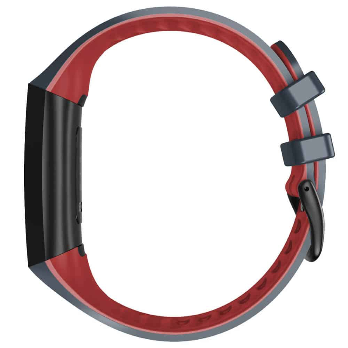Rotes und graues Smartwatch-Armband, Seitenansicht, weißer Hintergrund.