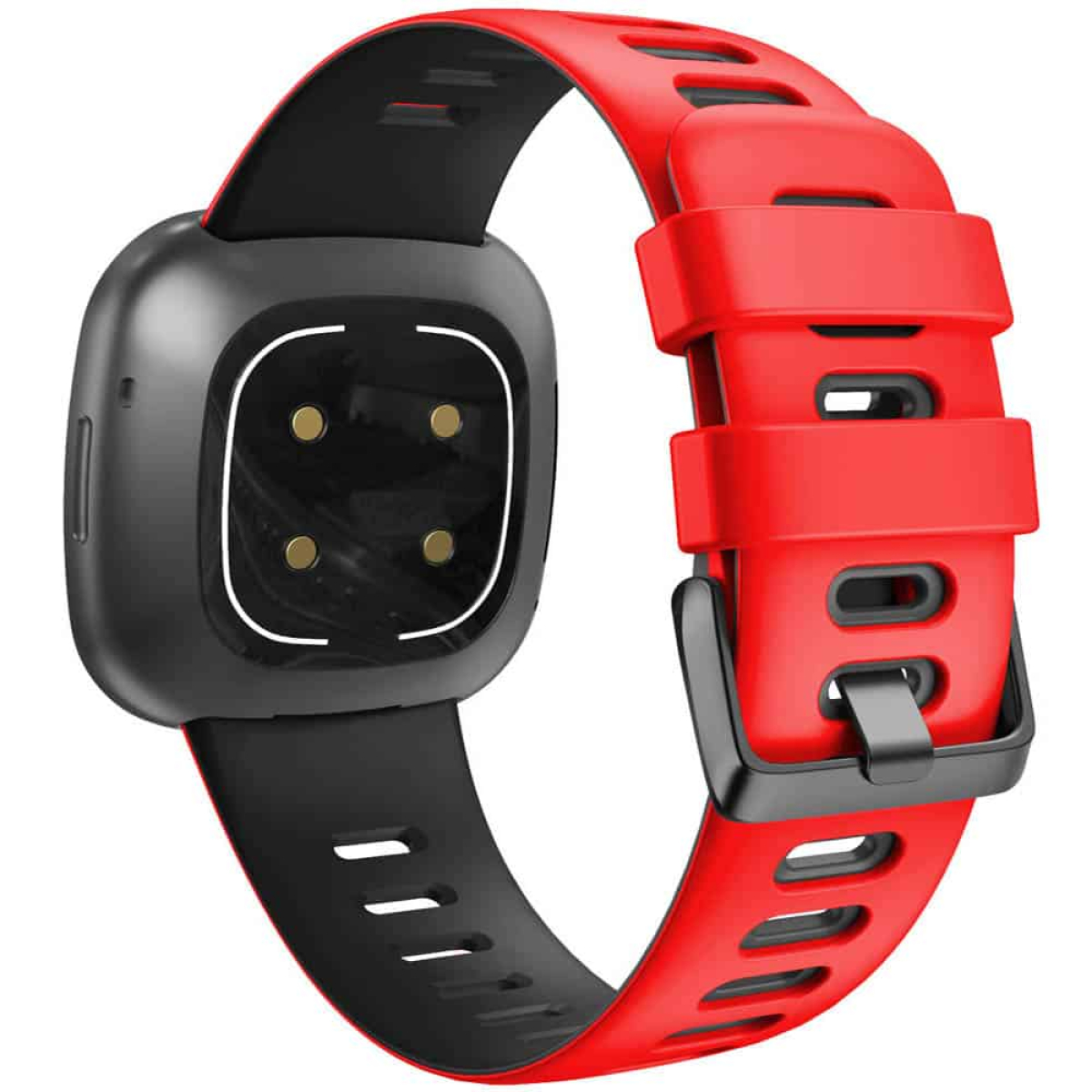 Schwarze Smartwatch mit rotem Armband und schwarzem Verschluss. Es liegt auf einer weißen Oberfläche.