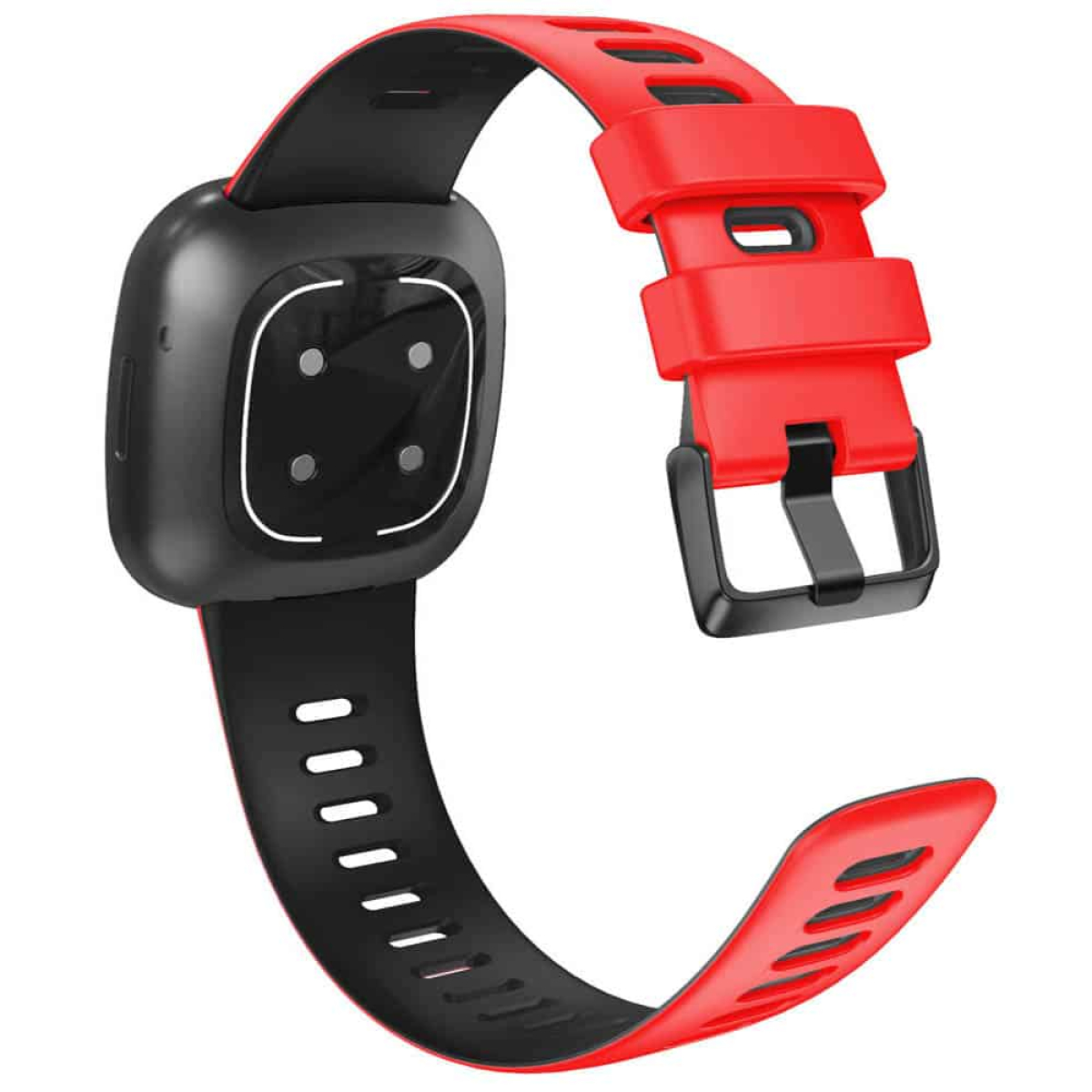 Rote und schwarze Smartwatch mit rotem Armband. Nahaufnahme. Weißer Hintergrund.