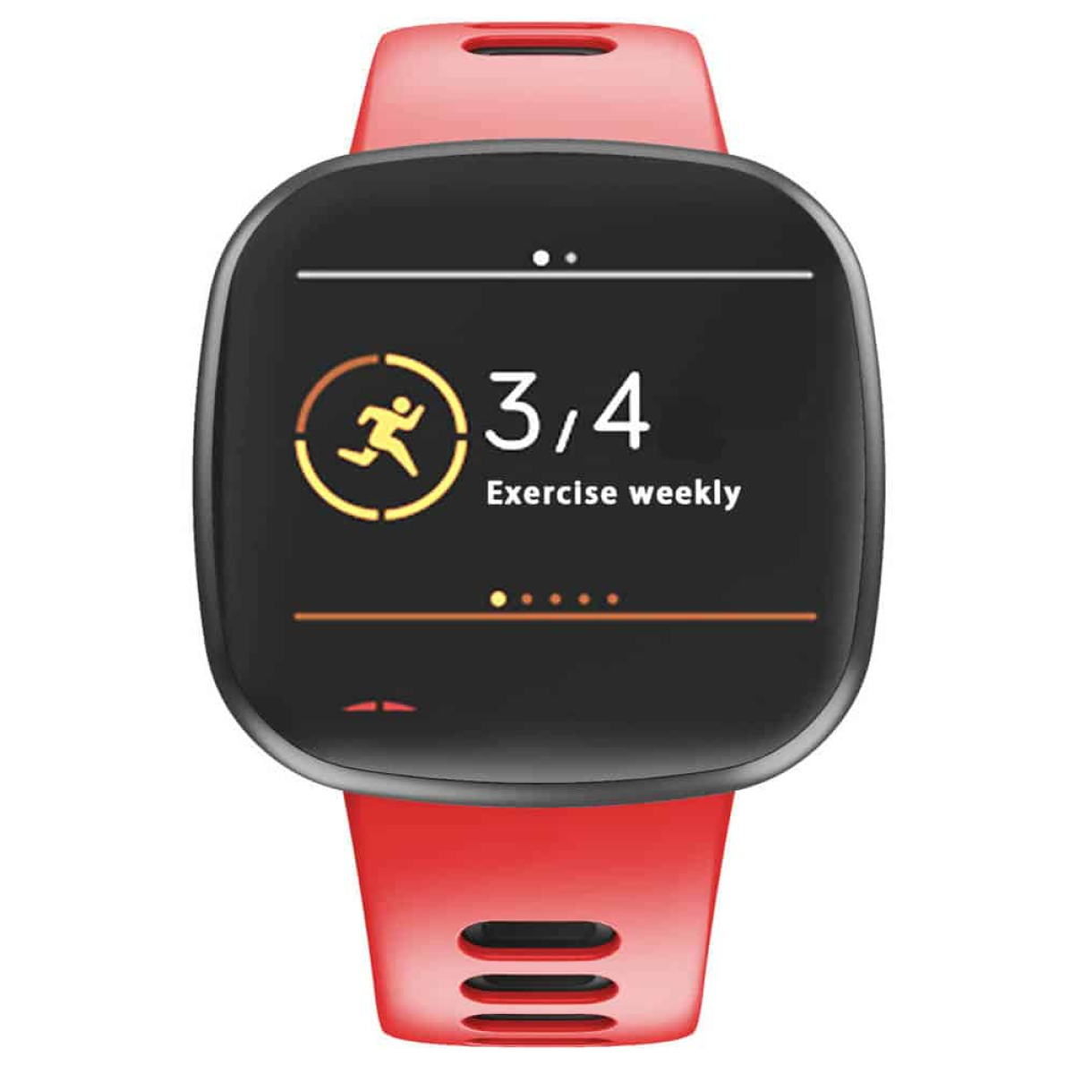Eine rote Smartwatch mit schwarzem Bildschirm, der wöchentliche Trainingsdaten anzeigt.