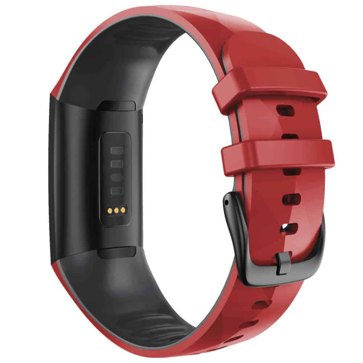 Roter Fitnesstracker mit schwarzem Mittelteil und Band, schwarze Schnalle.