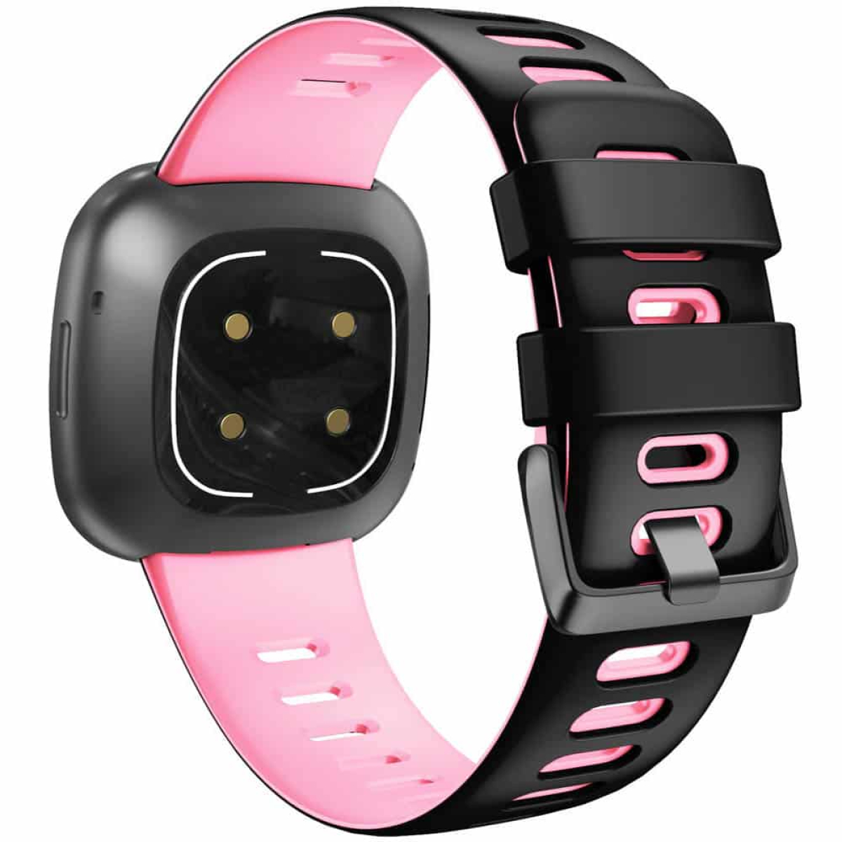 Smartwatch-Armband, schwarz mit rosa Akzenten, verbunden mit einem Zifferblatt. Isoliert auf Weiß.