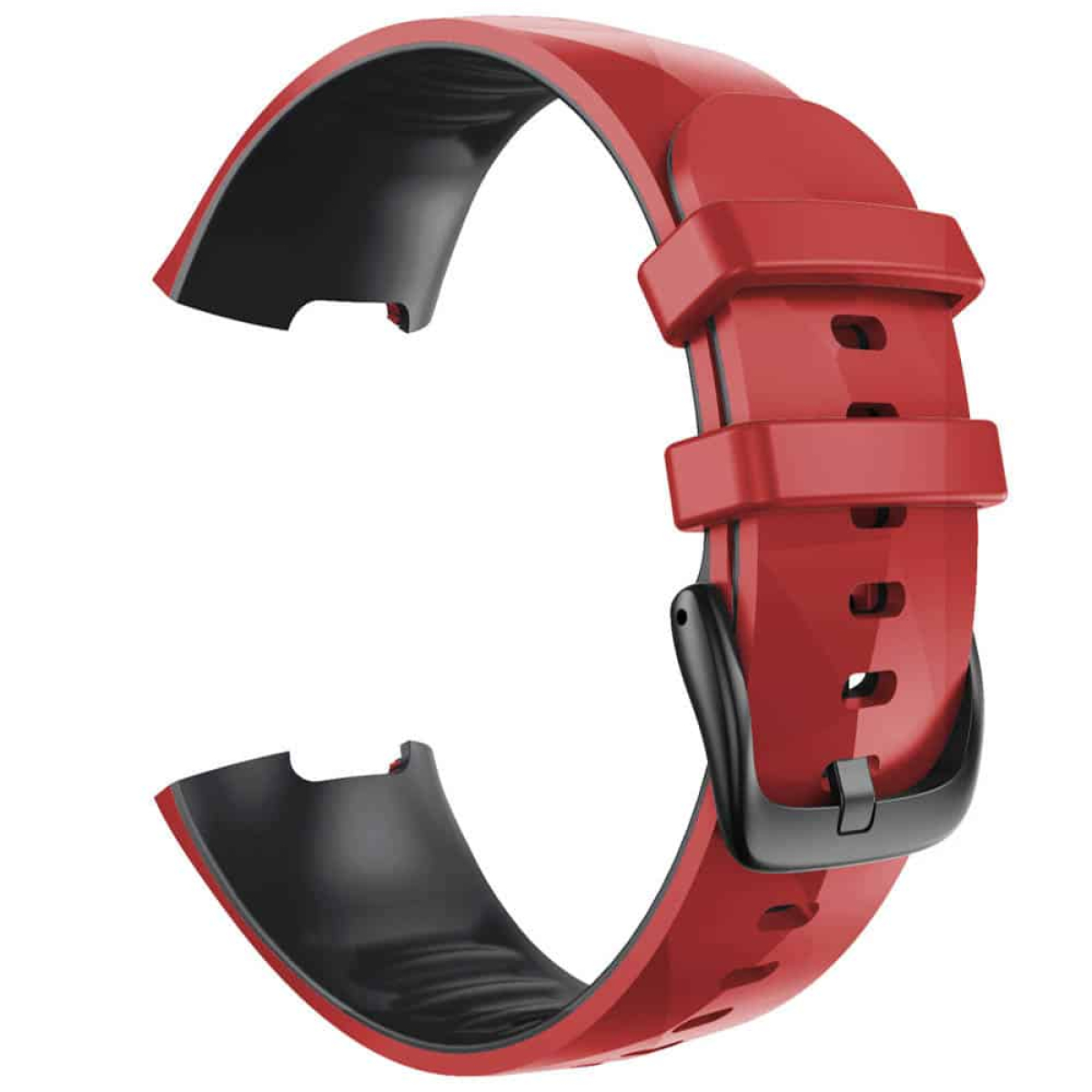Ein rot-schwarzes Uhrenarmband mit schwarzer Schnalle auf weißem Hintergrund.