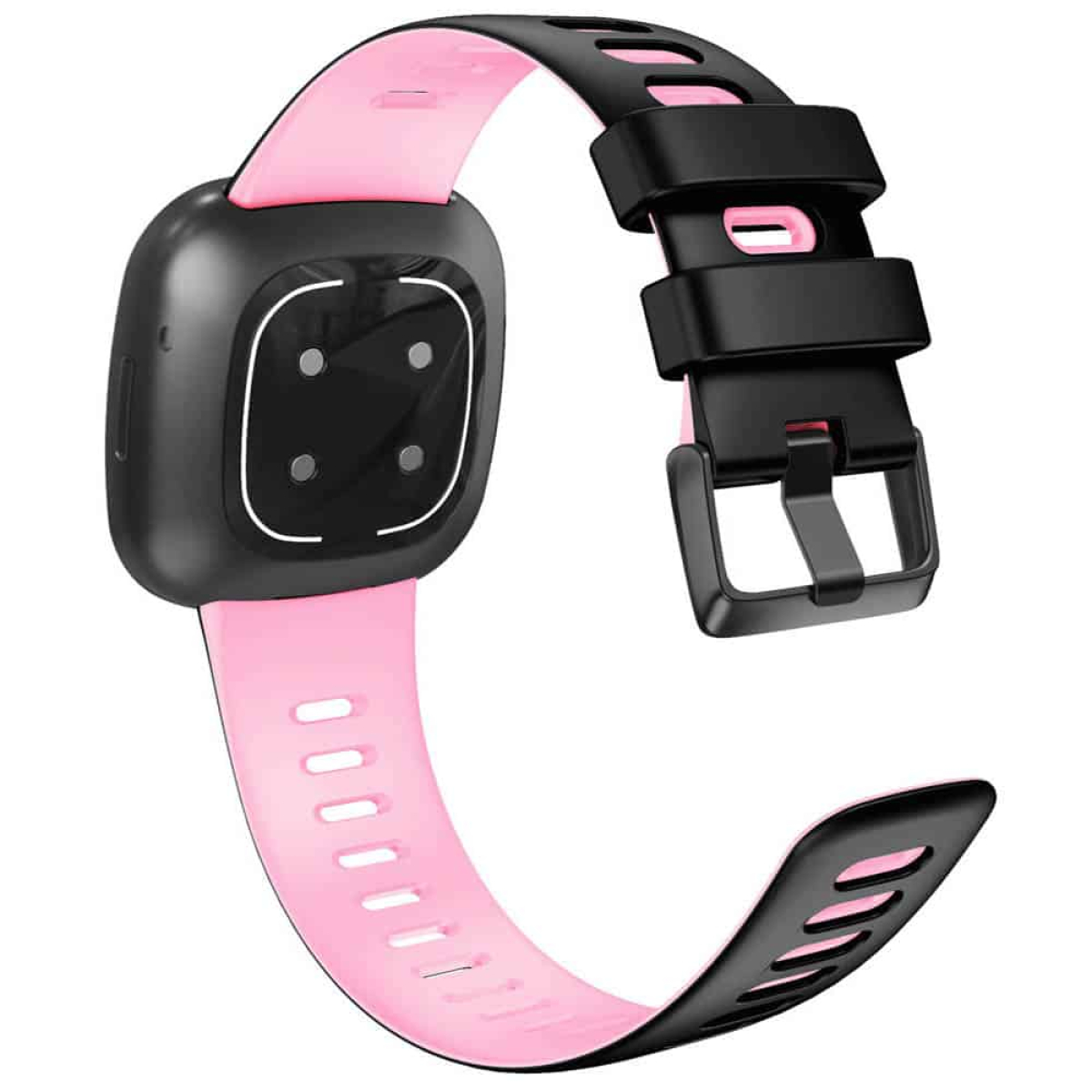 Smartwatch mit pinkfarbenem Armband und schwarzem Gehäuse. Schwarze Schnalle. Weißer Hintergrund.