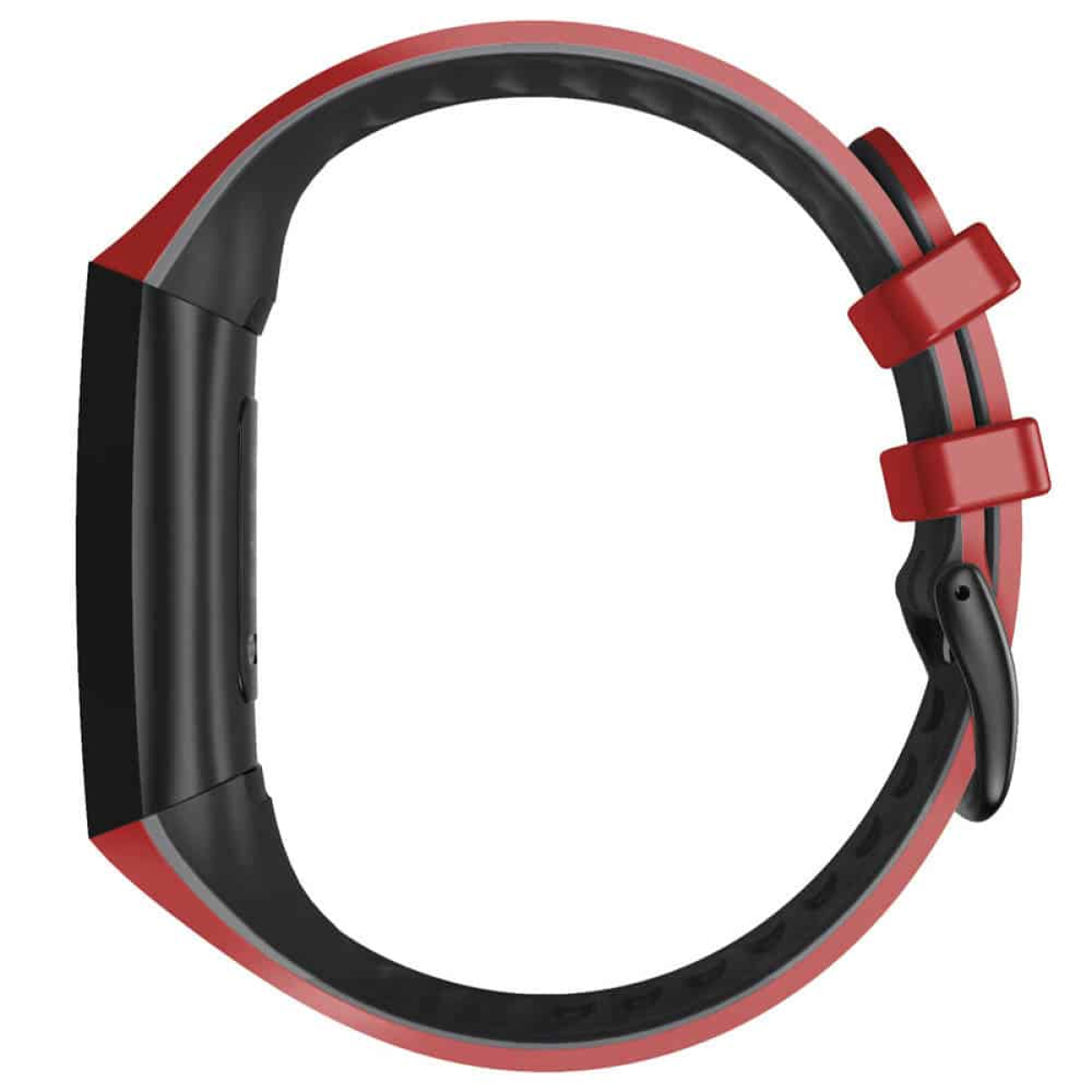 Uhrenarmband, rot und schwarz, mit Schnalle, Nahaufnahme. Die Uhr ist gebogen.