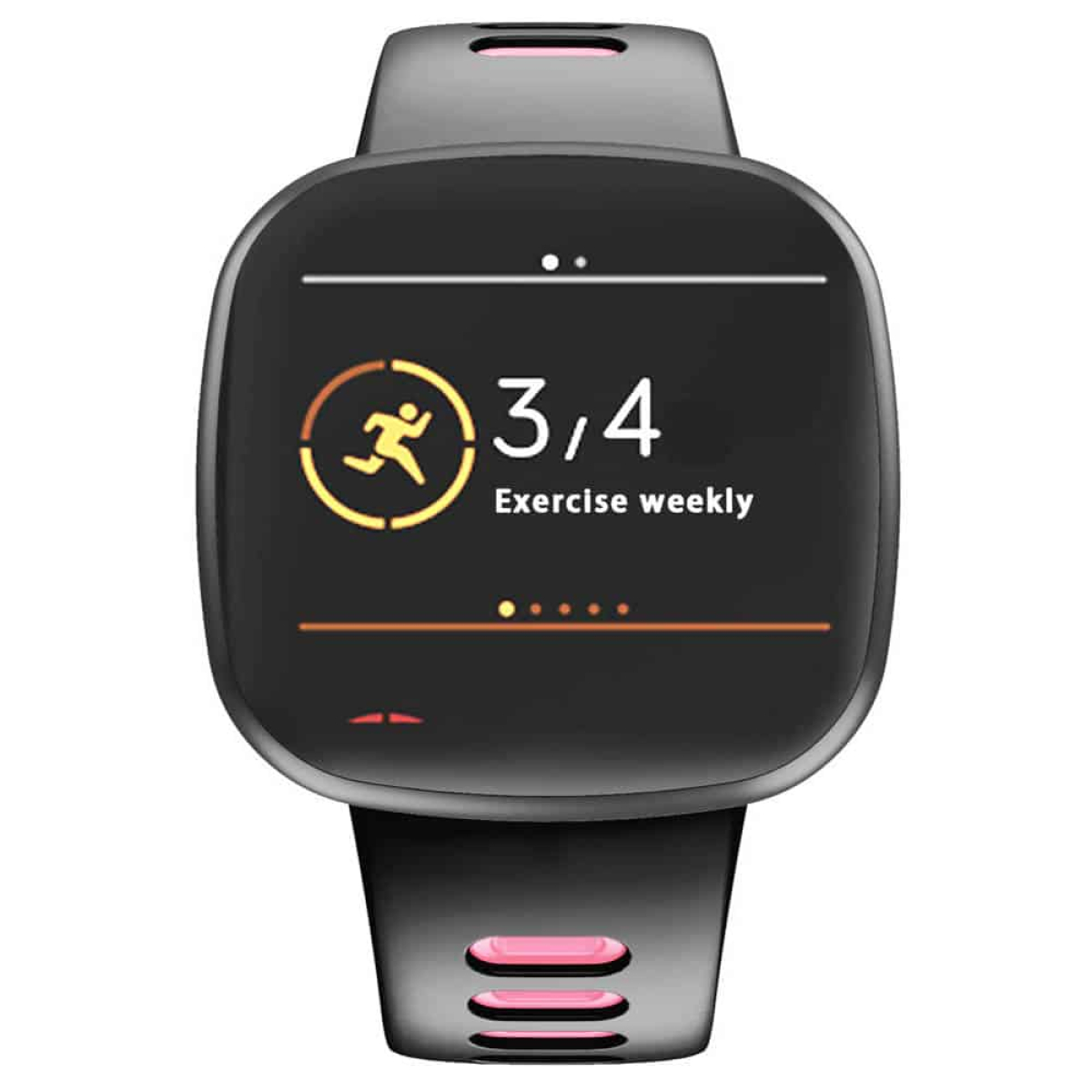 Schwarze Smartwatch mit schwarzem Armband. Der Bildschirm zeigt Trainingsdaten: 3,4 und 'Exercise weekly'.